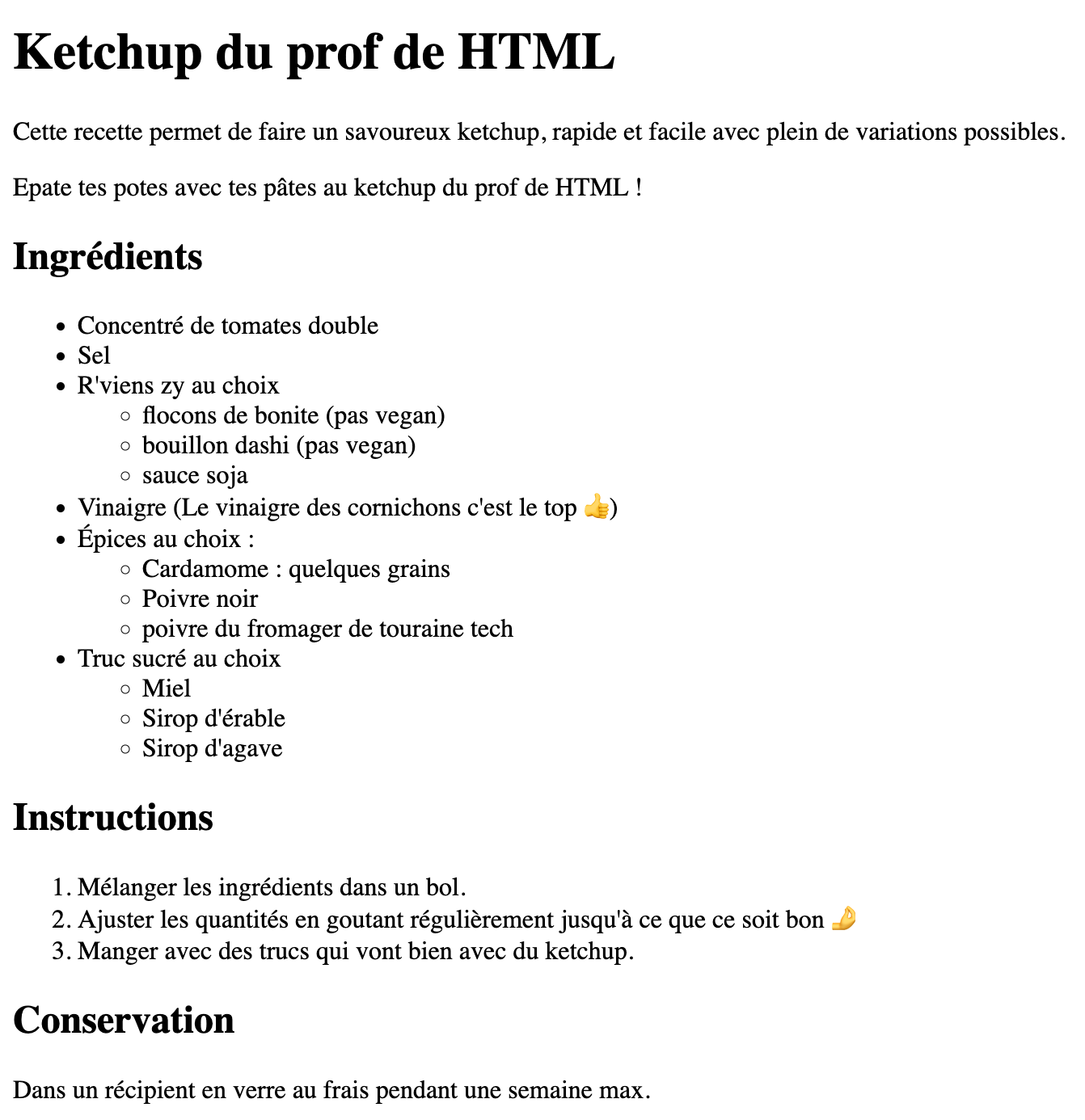 html structure recette